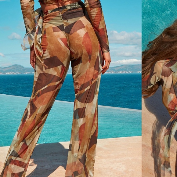 PrettyLittleThing Chocolate Abstract print wide leg mesh pants size 0 - Picture 2 of 10